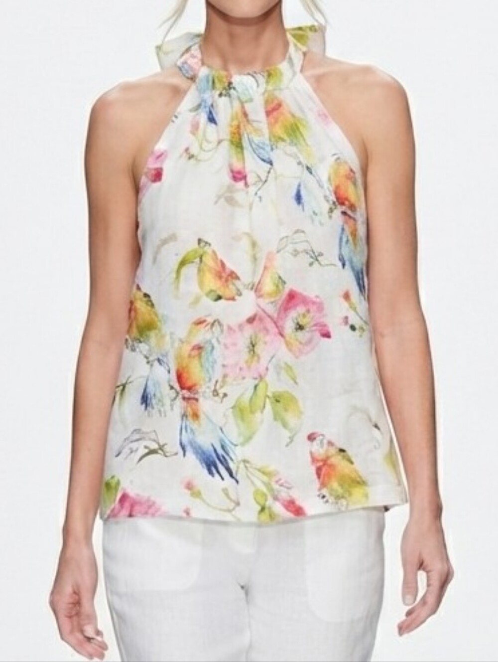 Tommy Bahama 100% Linen Tropical Parrot Floral Halter Top Back-Tie Blouse